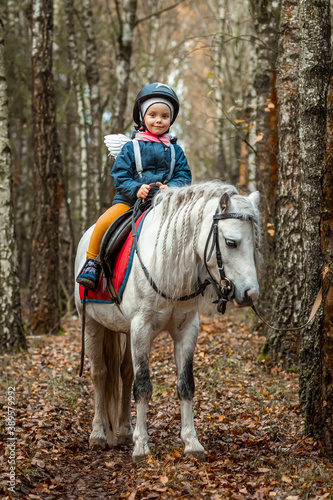 Little girl on a white pony on a background of nature. Jockey, hippodrome, horseback riding. © Aliaksandr Marko