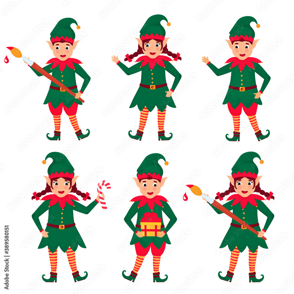 Set of funny Christmas elves. Vector illustration. Cartoon character.