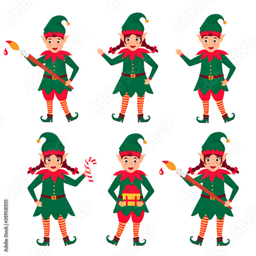 Set of funny Christmas elves. Vector illustration. Cartoon character.