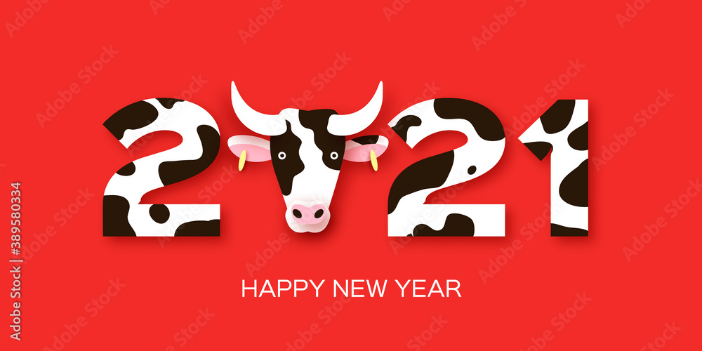 Happy Chinese New Year Banner Template. 2021 symbol bull, ox, cow. Chinese Zodiac. Lunar horoscope sign in paper cut style. Red background.