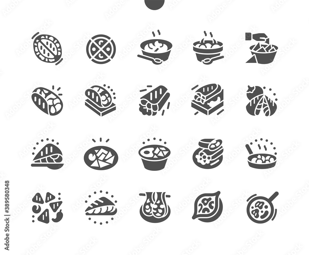 Mexican food. Guacamole, salsa, cheesy sauces with ingredients. Dishes of the cuisine of Mexico. Menu for restaurant and cafe. Vector Solid Icons. Simple Pictogram