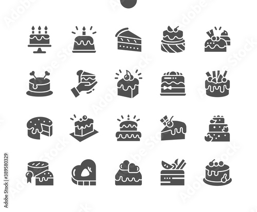 Delicious cake. Chocolate and different wedding and birthday cakes. Menu for restaurant and cafe. Vector Solid Icons. Simple Pictogram