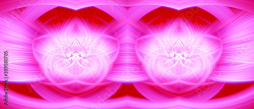 Beautiful abstract intertwined glowing 3d fibers forming a shape of sparkle, flame, flower, interlinked hearts. Bright red, white, and pink colors. Banner size. Illustration