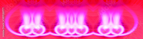 Beautiful abstract intertwined glowing 3d fibers forming a shape of sparkle, flame, flower, interlinked hearts. Bright red and pink colors. St. Valentines day concept. Banner size. Illustration