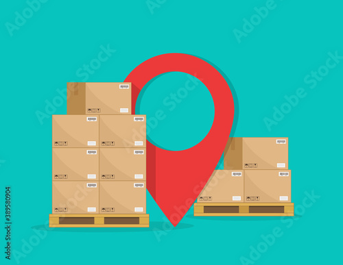 Cargo logistic. Carton boxes on pallet for delivery with map pointer. Goods stack on warehouse for storage and shipping of courier. Crates on wood palettes with gps service for distribution. Vector