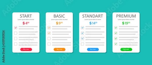 Price list of subscriptions. Template of comparison table for hosting plans. Design infographic of banner with checklist and chart. Layout of web column with cost of options product. UI menu. Vector