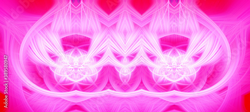 Beautiful abstract intertwined glowing 3d fibers forming a shape of sparkle, flame, flower, interlinked hearts. Bright red, white, and pink colors. Banner size. Illustration