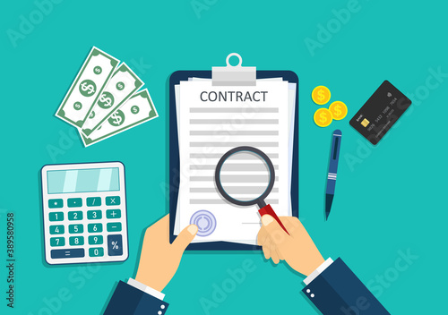 Contract icon. Paper document with pay agreement. Businessman is paperwork, calculate money, stamp signature. Sign of legal deal with rules. Form for lease, tax, loan. Hand write of contract. Vector