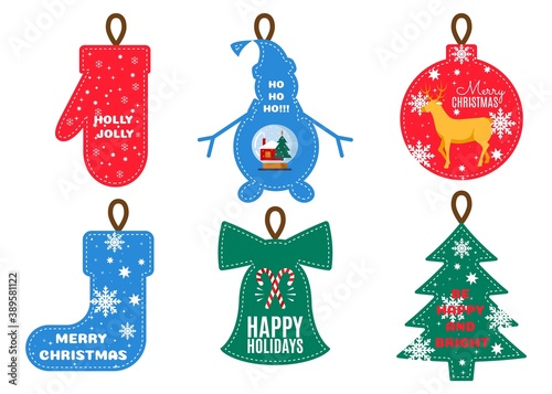 Christmas gift tags set. Cute winter holidays labels in the shape of Xmas symbols. Happy Merry Christmas and New Year concept cartoon vector illustration cartoon vector illustration