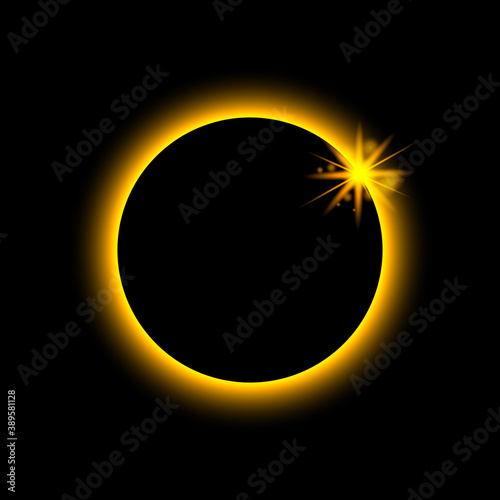 Total eclipse solar. Sun planet glows in ring. Circle earth in fire. Moon light on night space. Full eclipse with red aura on black outer. Astronomy mystery. Abstract cosmic star with shine. Vector
