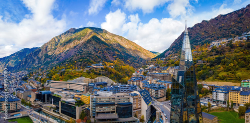 Aerial view of Andorra la Vella, the capital of Andorra, in the Pyrenees mountains between France and Spain