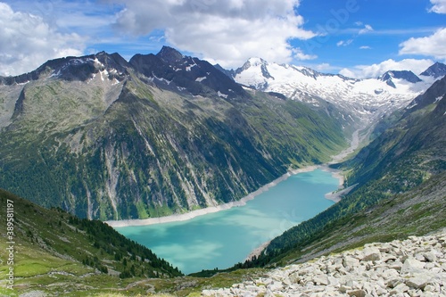 Summer mountain scenery in Zillertal area, Austrian Alps. Schlegeisspeicher reservoir view