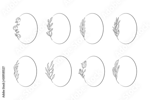 Vector isolated spring flourish frames. Foliage oval wreaths set. Floral branch borders for wedding invitations.