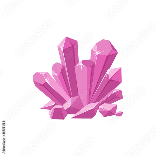 Pink crystals or gemstones with shimmering facets. Prescious crystal druse made of amethyst isolated in white background. Vector illustration in cartoon style