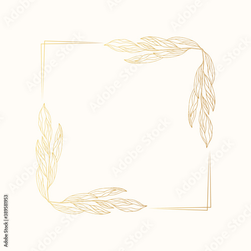 Elegant botanical golden border for wedding invitation card. Floral square frame with ornate branches. Vector isolated gold spring flourish background.