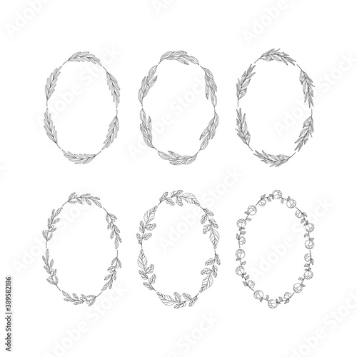 Set of oval elegant spring wreaths with floral brunches.  Foliage frame for wedding card with delicate herbs. Vector isolated flourish border. 