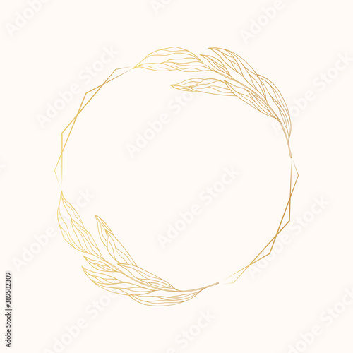 Hand drawn floral branch and herb golden wreath. Flourish wedding border for invitation card. Vector isolated gold elegant frame with leaves.