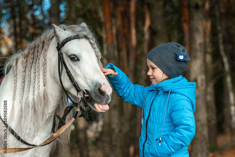 Obraz premium Little girl portrait, stands next to a white pony close-up on the background of nature. Jockey, epodrome, horseback riding