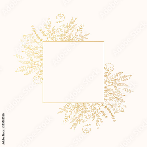 Golden floral corner frame with branches, flowers and herbs. Elegant leaf invitation decor for wedding card. Vector isolated spring gold flourish border.
