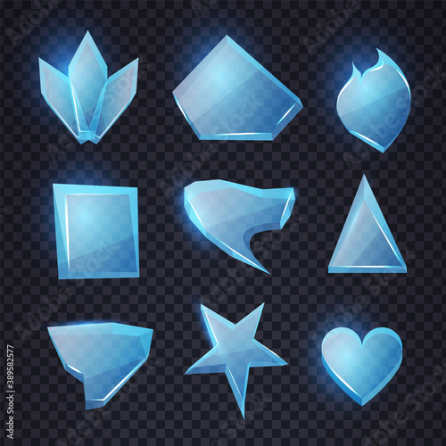 Cartoon blue glass banners set. Chrystal shapes. Transpatern glossy elements with light. Game design