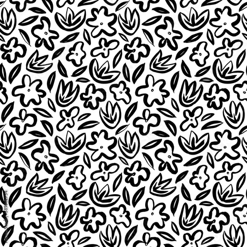 Simple abstract flower seamless pattern. Hand drawn vector botanical background. Brush black leaves and flowers. Black paint ink illustration with abstract floral motif. Outline daisy painting