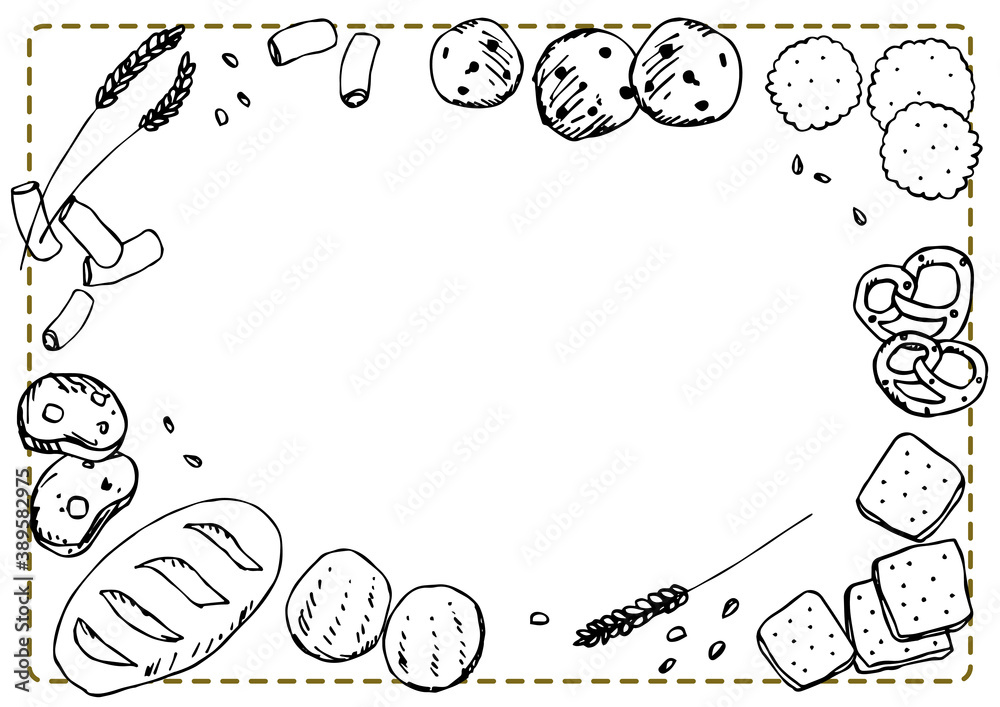 小麦粉を使った食べ物 クッキー パン パスタ クラッカー ビスケット の手描きイラストフレーム Stock Vector Adobe Stock