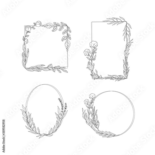 Set of hand drawn oval, round, square, rectangular floral wreaths with brunches and flowers. Vector isolated rustic frames.  Flourish wedding borders for invitation card.