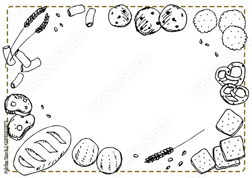 小麦粉を使った食べ物(クッキー,パン,パスタ,クラッカー,ビスケット)の手描きイラストフレーム