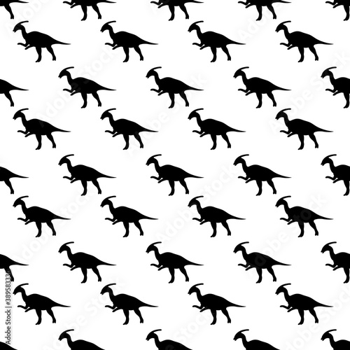 Black silhouette of a dinosaur on a white background. Vector illustration. Seamless pattern.