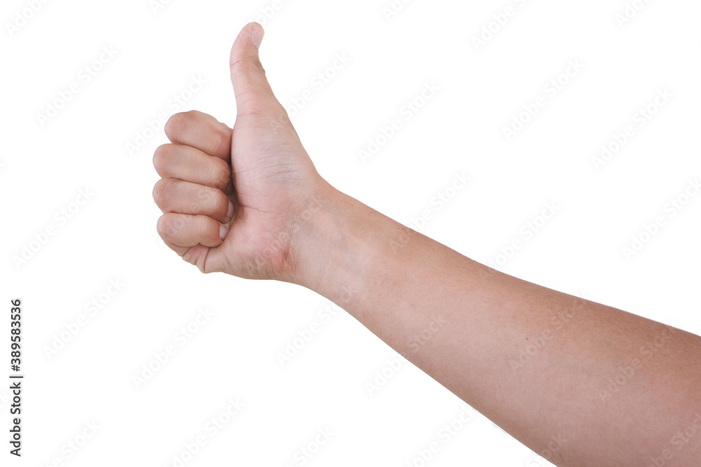  Male asian hand gestures isolated over the white background. Thumb up Pose Action.