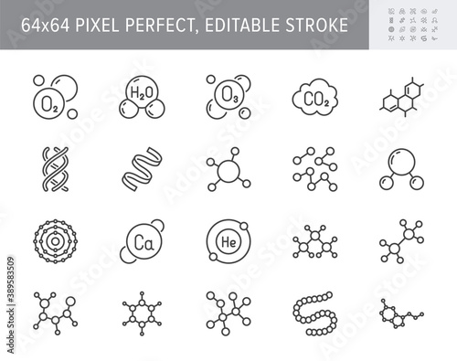Molecule line icons. Vector illustration included icon amino acid, peptide, hormone, protein, collagen, ozone, O2 chemical formula outline pictogram for chemistry. 64x64 Pixel Perfect Editable Stroke