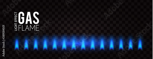 Gas flame. Blue fire effect. Neon light on transparent background