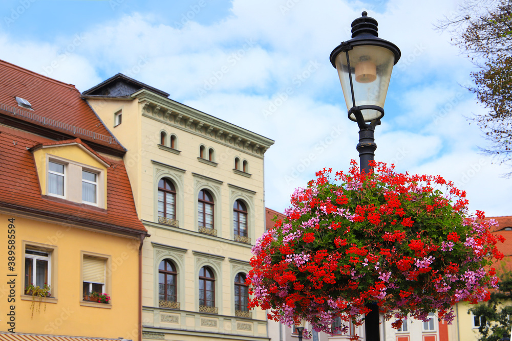 Beautiful floral decorations on Marketplace in Naumburg, Saxony-Anhalt, Germany