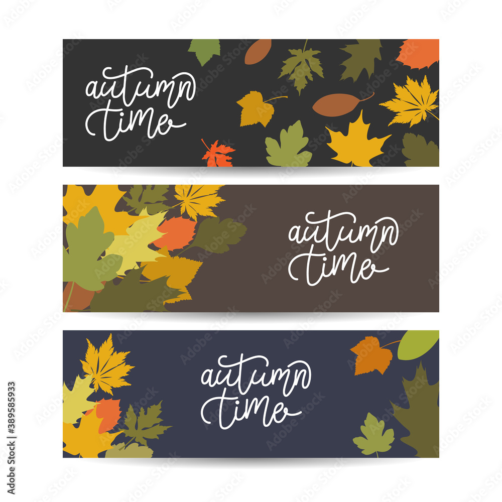 Fototapeta premium Three autumn banners with colorful leaves Vector