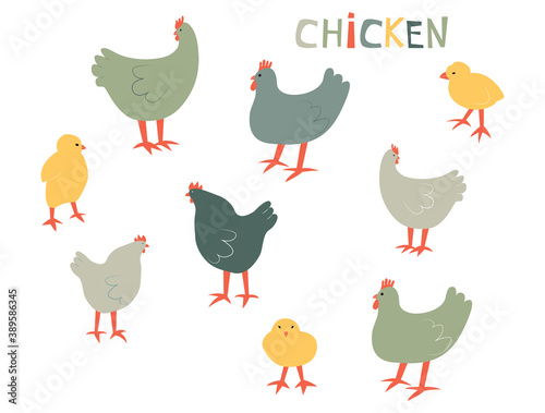 Vector illustration with chiken and chick. Cute cartoon characters.