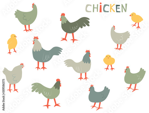Vector illustration with chiken, rooster and chick. Cute cartoon characters.