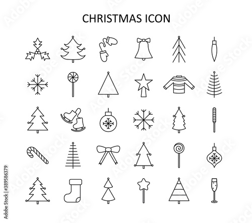 Vector outline icon set with Christmas stuff: tree, toys, candy cane, chapagne, mittens, star, sweater, skates,snowflakes, bow. Red and white silhouette with black line. photo