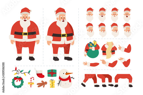 Santa claus cartoon character for animation with various facial expressions, hand gestures, body and leg movement illustration