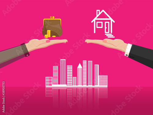 Real estate agency. Female hand holds a house on the palm, second hand holds out a purse with money. Against the background of the cityscape, skyscrapers