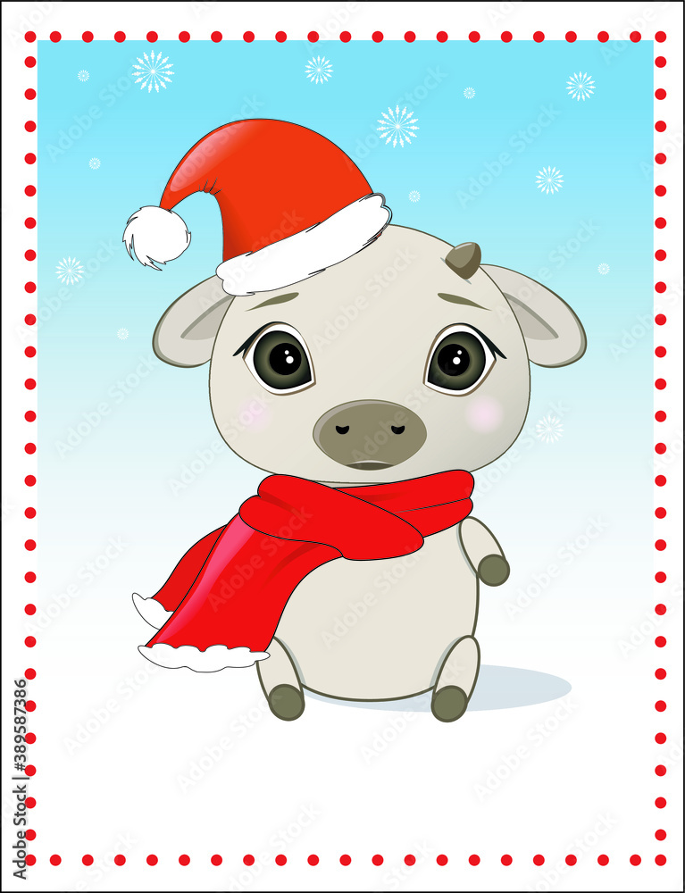 Children's Christmas card with a bull in a hat and scarf. Vector illustration Children's Christmas card with a bull in a hat and scarf. Vector illustration