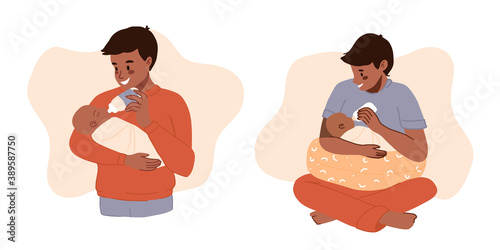 Black skin Father feeding newborn. Baby feeding positions set. African Man feeds infant with milk bottle. Father's day banner, clip art. cartoon vector illustration. Happy Modern fatherhood