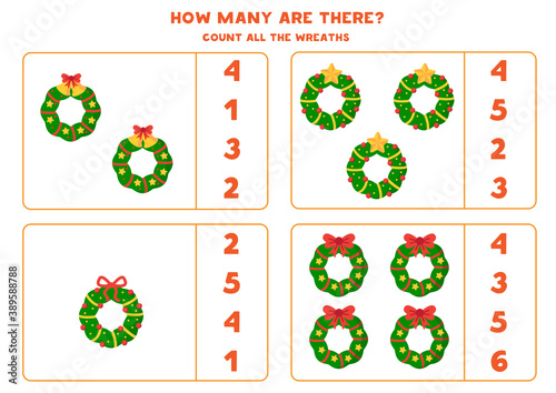Counting game for kids. Set of Christmas wreaths.