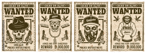 Wanted set of vector posters with gangster skulls