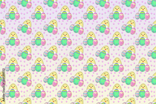 A seamless Easter background illustration of cute easter chicks and eggs with polka dots against a light pink and yellow background