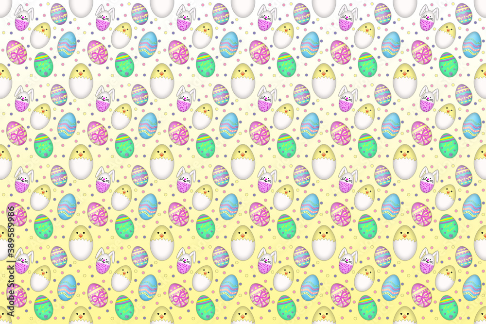 A seamless Easter background illustration of cute easter chicks, bunnies and eggs with polka dots against a light yellow background