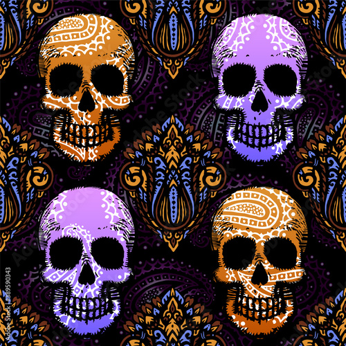 Seamless pattern with hand drawn skulls. Vector Illustration