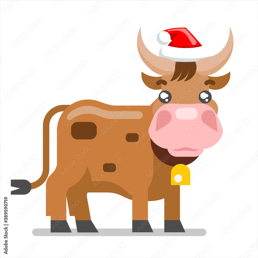 New year ox cow animal santa claus hat flat design flat design vector illustration New year ox cow animal santa claus hat flat design flat design vector illustration