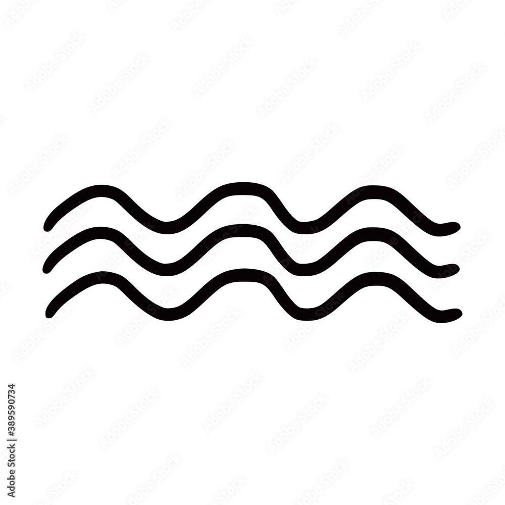 Hand drawn vector isolated  waves pictogram. Black outline illustration of water element. Witchcraft aesthetic tools.