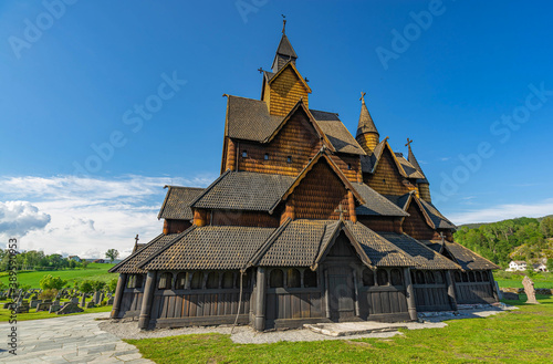 The famous medieval stave church named "Heddal stavkirke" located in Heddal, Norway