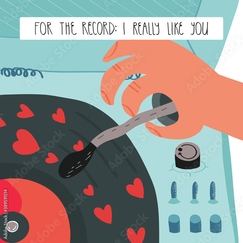 Valentine's Day greeting card. A vinyl record player with hearts, funny lettering For the record, I really like you
